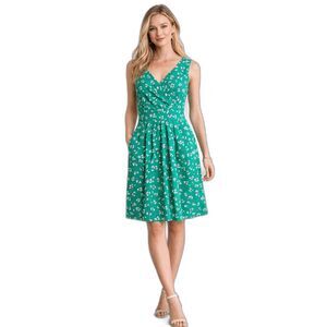 Lands End Dress Small Green Floral Sleeveless Fit Flare Pockets Stretch
